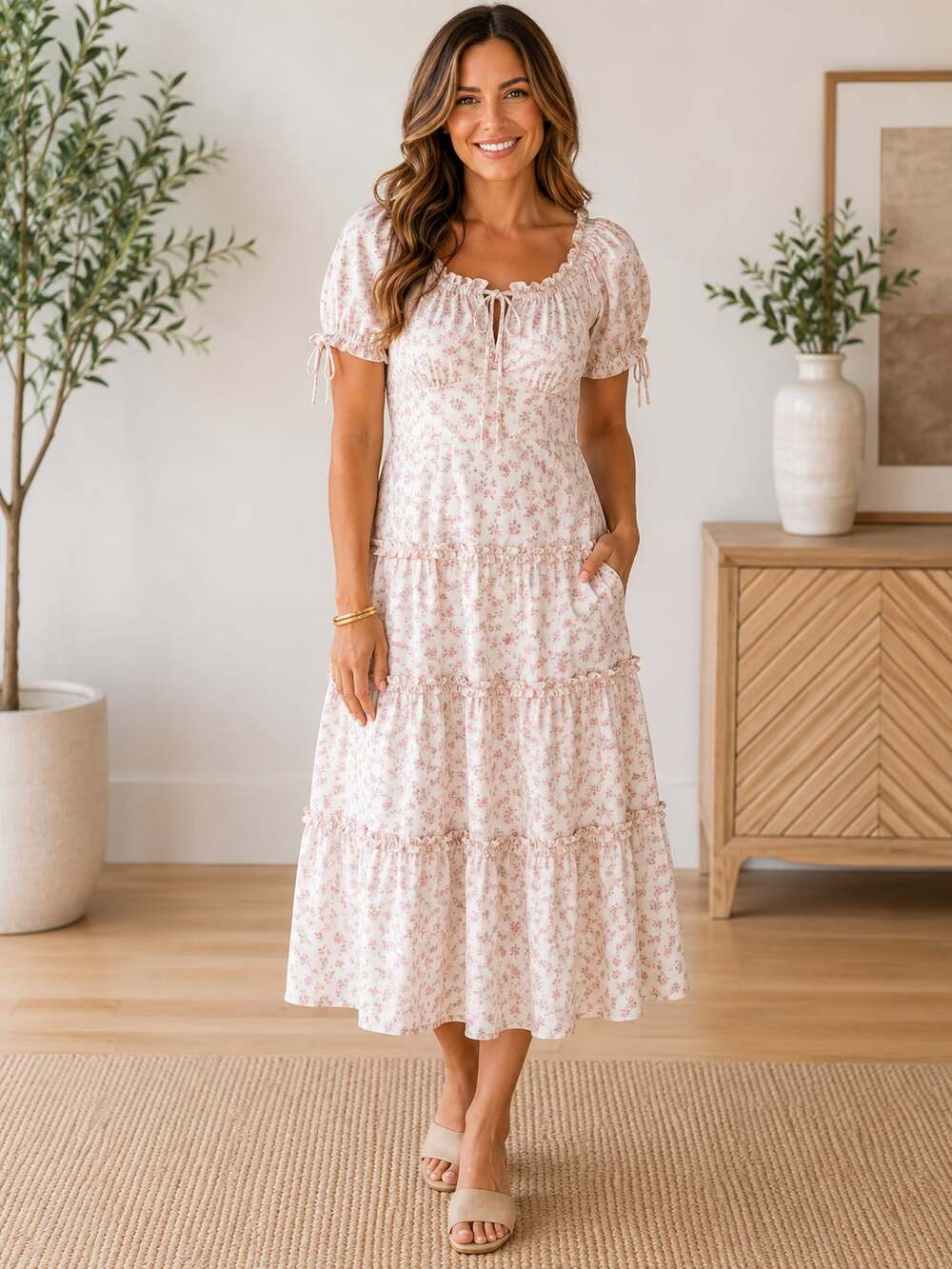 One Loved Babe Floral Tiered Midi Dress Pink Ivory Puff Sleeve Cottagecore S